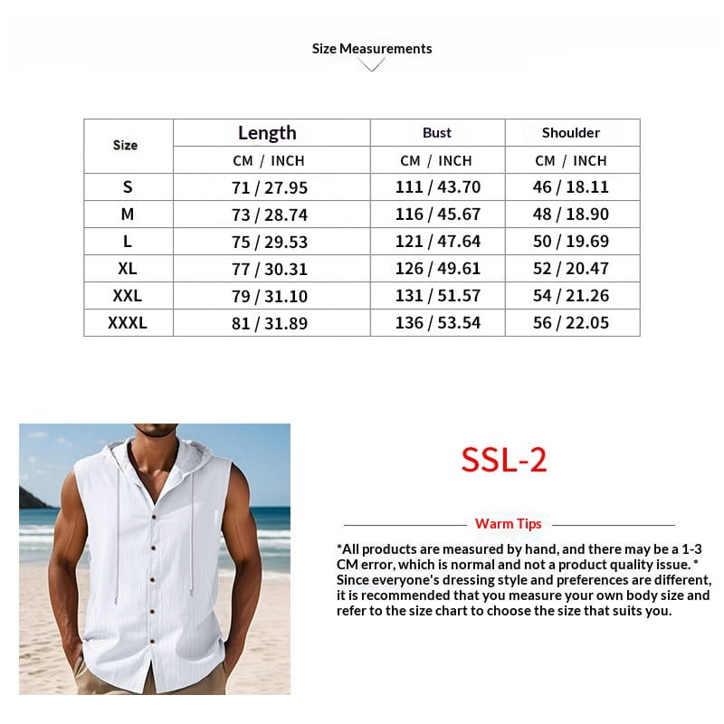 White sleeveless hooded button up shirt made of linen blend fabric featuring a front placket and drawstring hood for men.