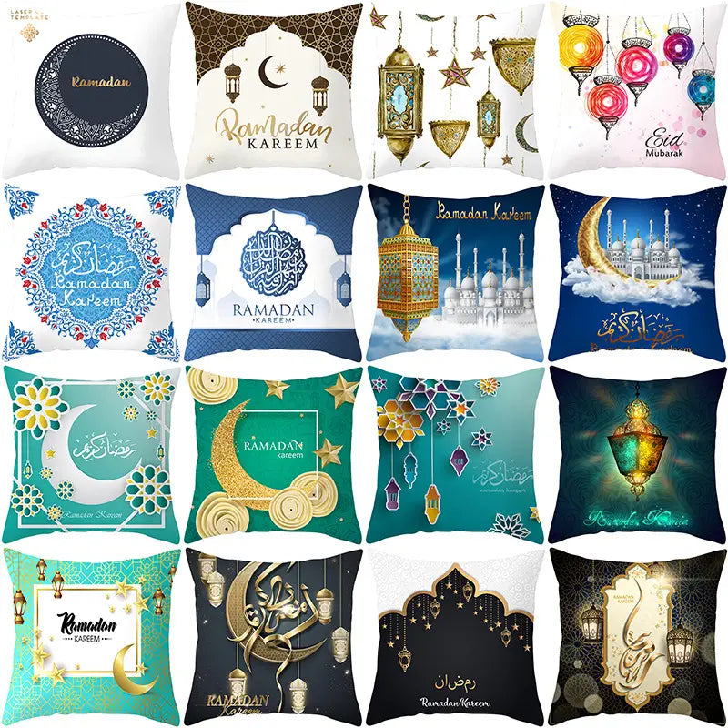 La funda de cojín de Ramadán Kareem azul y oro para linterna Eid incluye cojines decorativos con diseños de linterna intrincada, luna creciente y caligrafía árabe en dorado, azul, turquesa, negro, blanco y rosa.