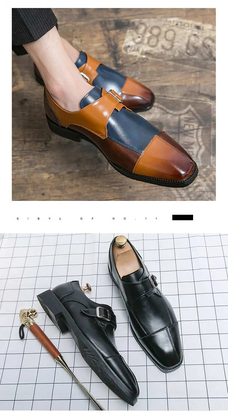 Men’s retro British style leather monk strap shoes in brown and navy blue with tan accent microfiber detail.