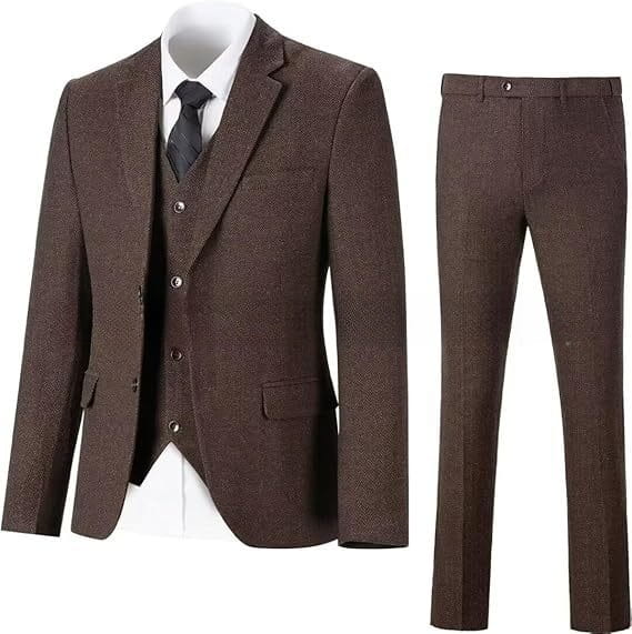 Brown tweed herringbone wool three-piece slim work suit with textured pattern and matching trousers.