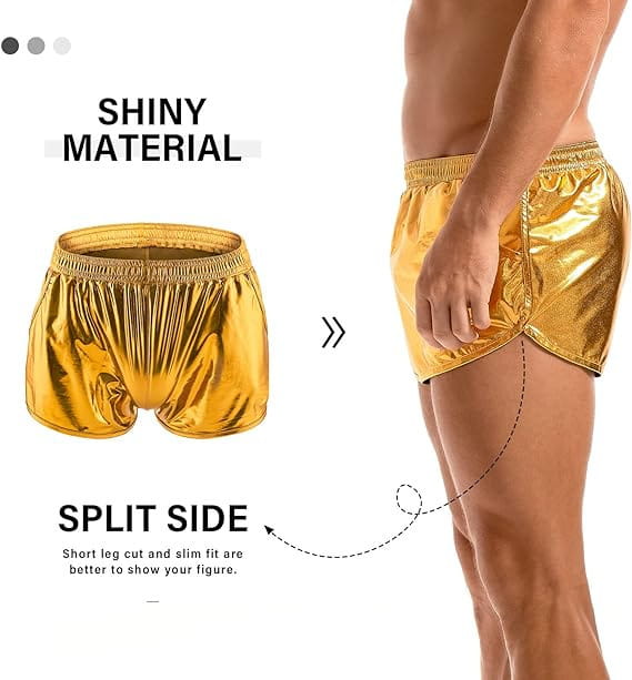 Mens shiny metallic casual shorts in gold with a split side design made of shiny material.