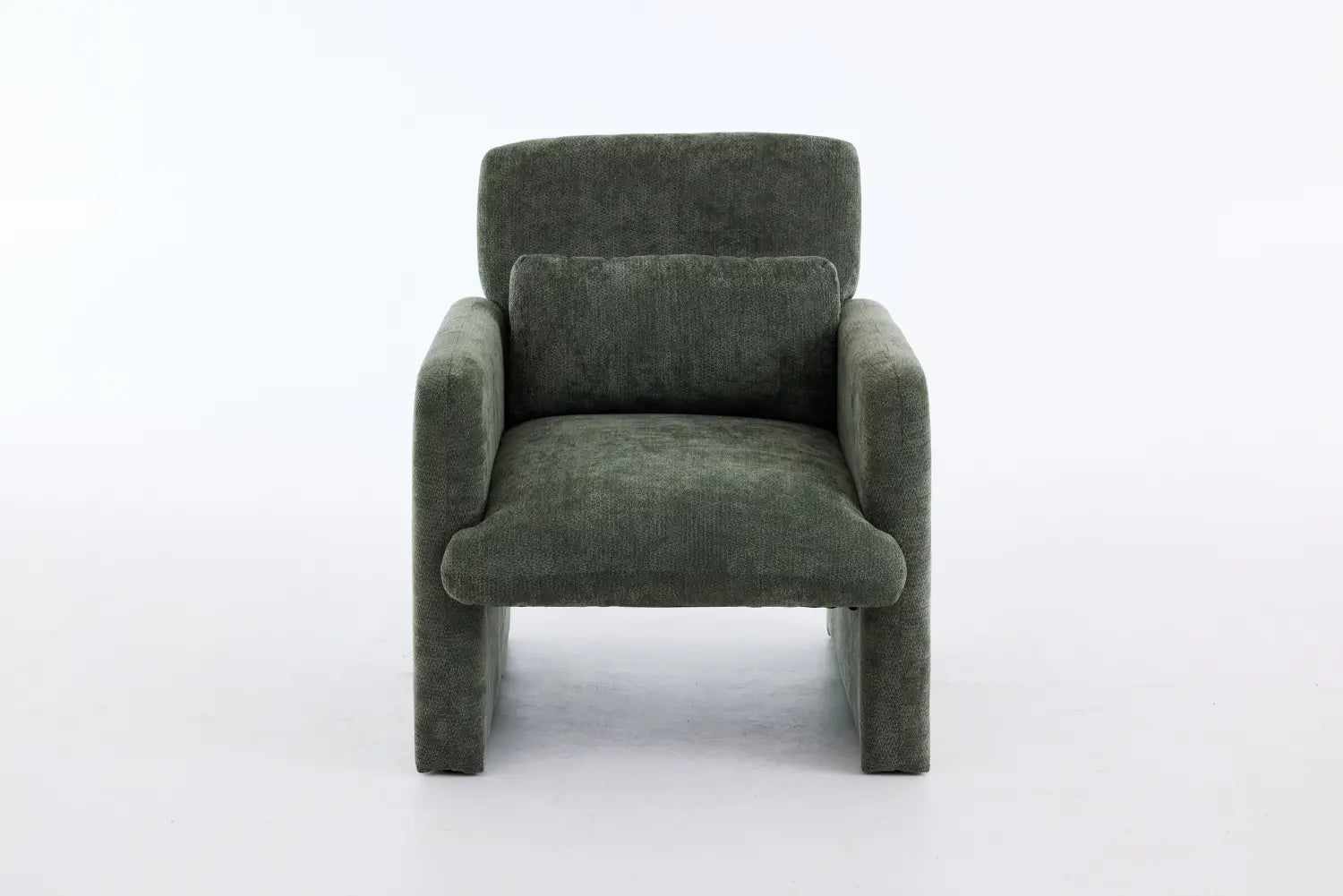 Dark green velvet boucle fabric accent chair with plush cushioned design and sturdy rectangular legs.