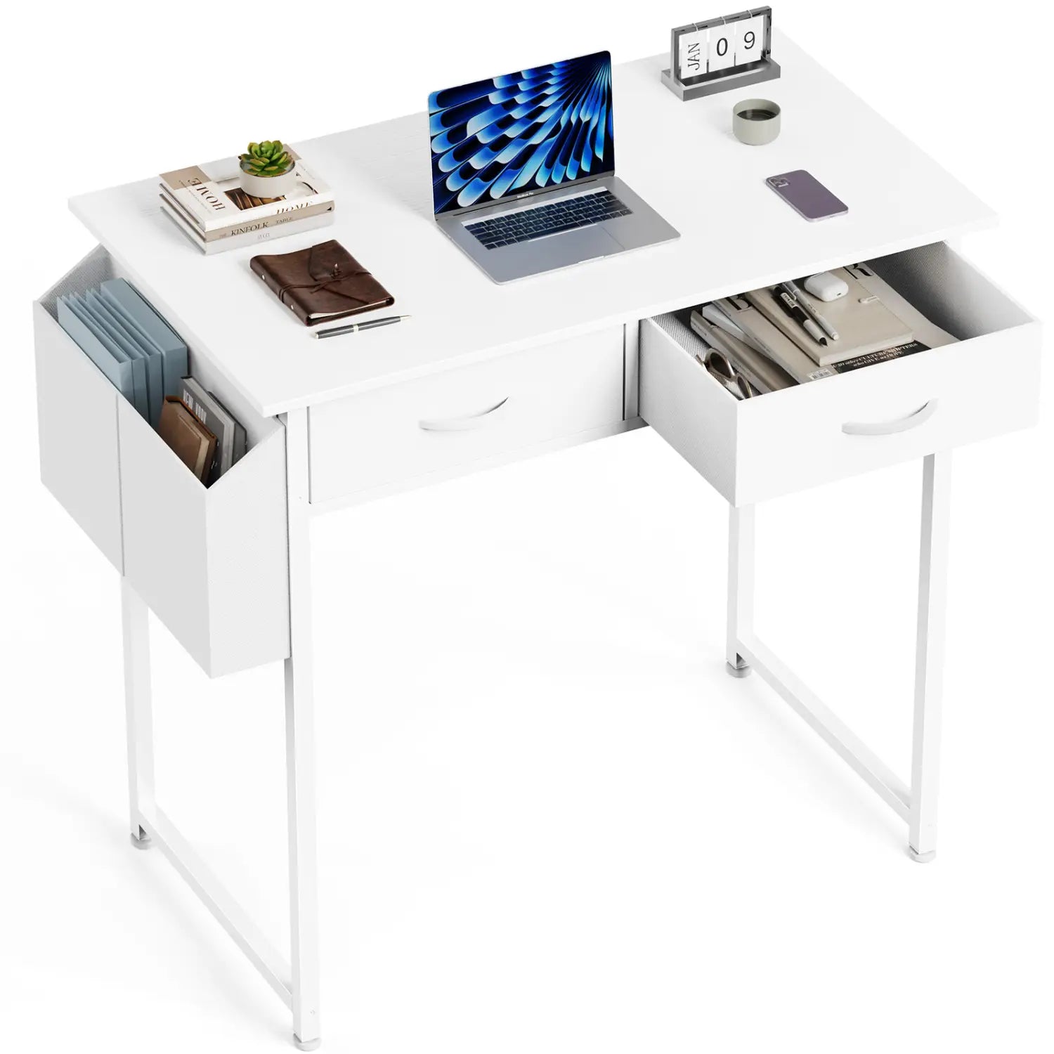 Minimalistischer weißer Computertisch mit zwei Schubladen und seitlichen Aufbewahrungsfächern, ausgelegt für eine geordnete Nutzung des Arbeitsplatzes.