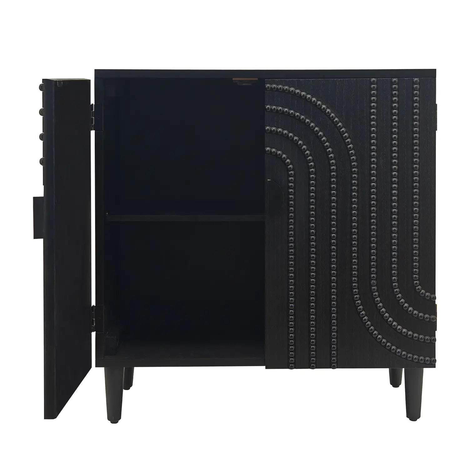 Black storage cabinet with arched beaded door featuring decorative curved rows of metallic studs and a single open door revealing an empty interior.