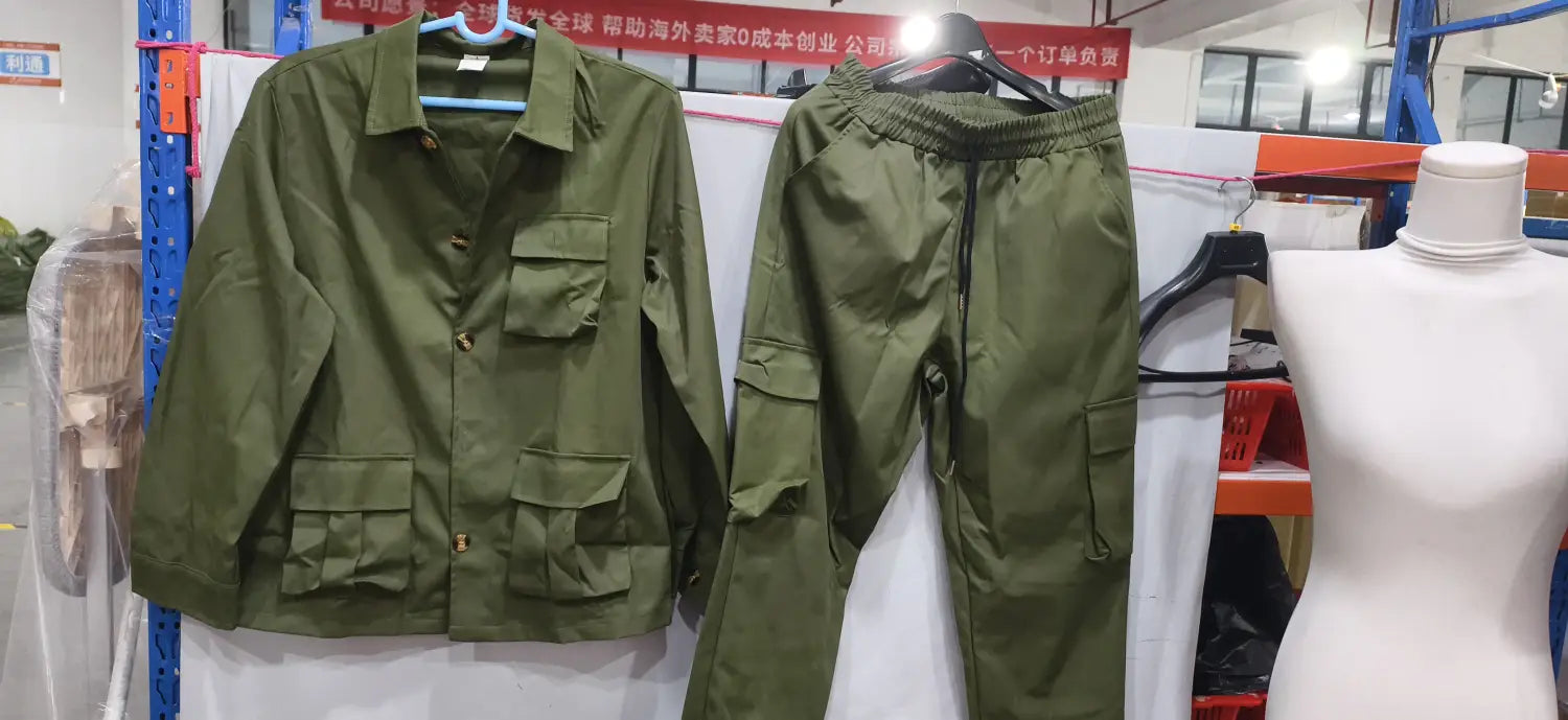 men vintage cargo jacket multi pocket suit featuring olive green utility jacket with multiple flap pockets and matching cargo pants displayed on hangers