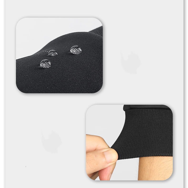 black stretchy fabric sleeve with silver metallic snap buttons on windproof thermal touchscreen winter gloves.