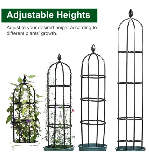 Black metal garden obelisk trellis 2 pack 5.9ft featuring adjustable height with arched top and tiered rings for plant support.