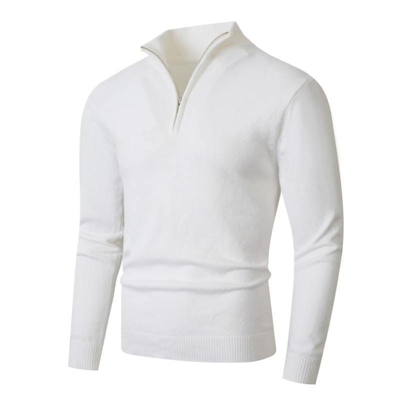 Pull en molleton blanc pour homme, grande taille, demi-zip, avec poignets et ourlet côtelés, en matière tricotée.