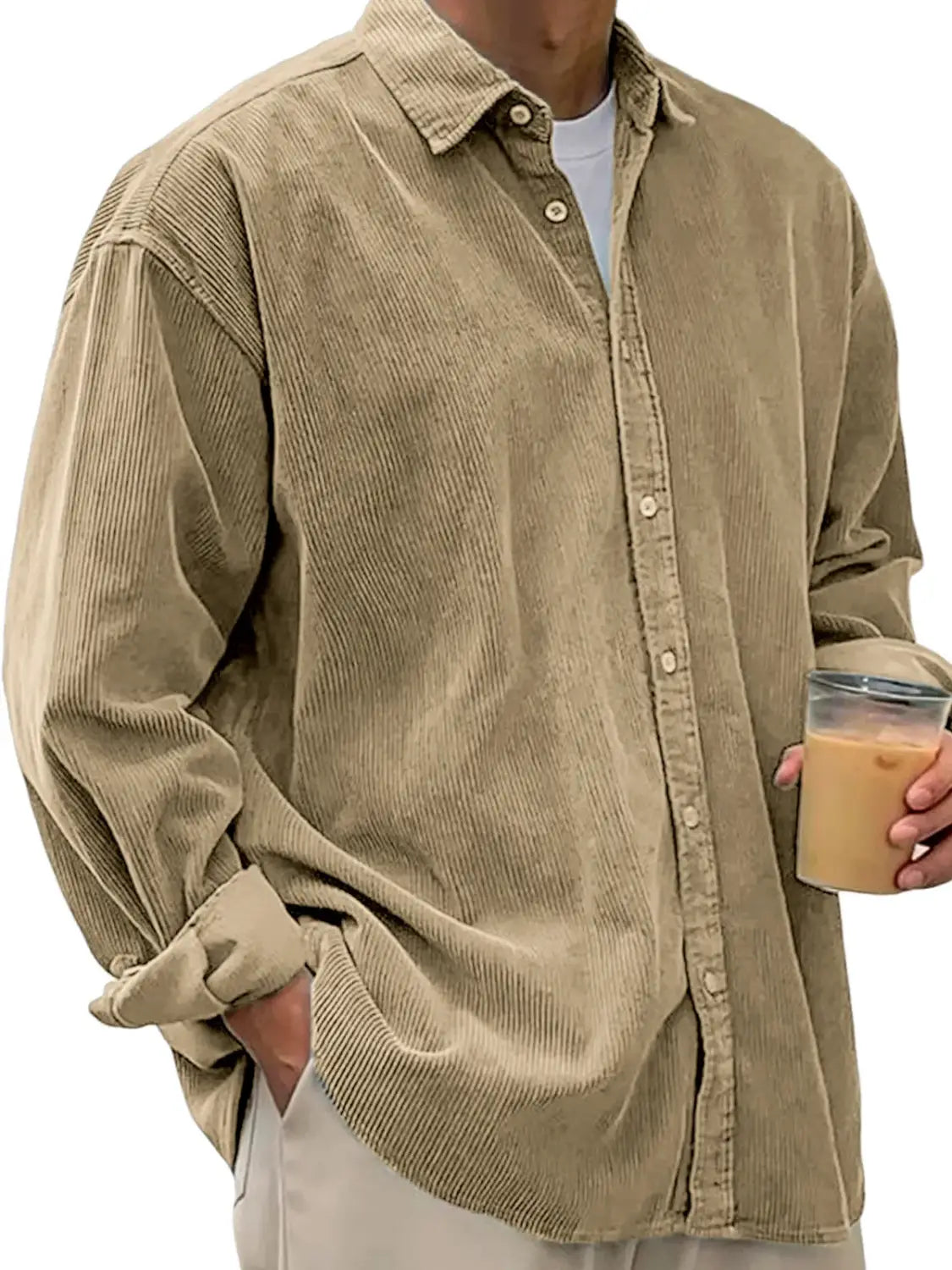 Beige corduroy men’s relaxed fit shirt jacket with button-up front and rolled cuffs.