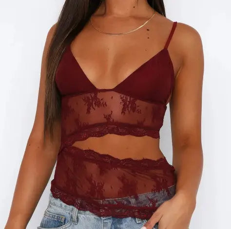 A maroon floral lace v neck backless bralette tank top featuring thin straps and a sheer floral patterned design.