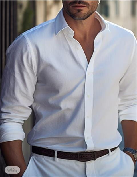 Men’s slim fit digital print linen blend casual shirt in white cotton with button-down front sleeves rolled up and a classic collar.