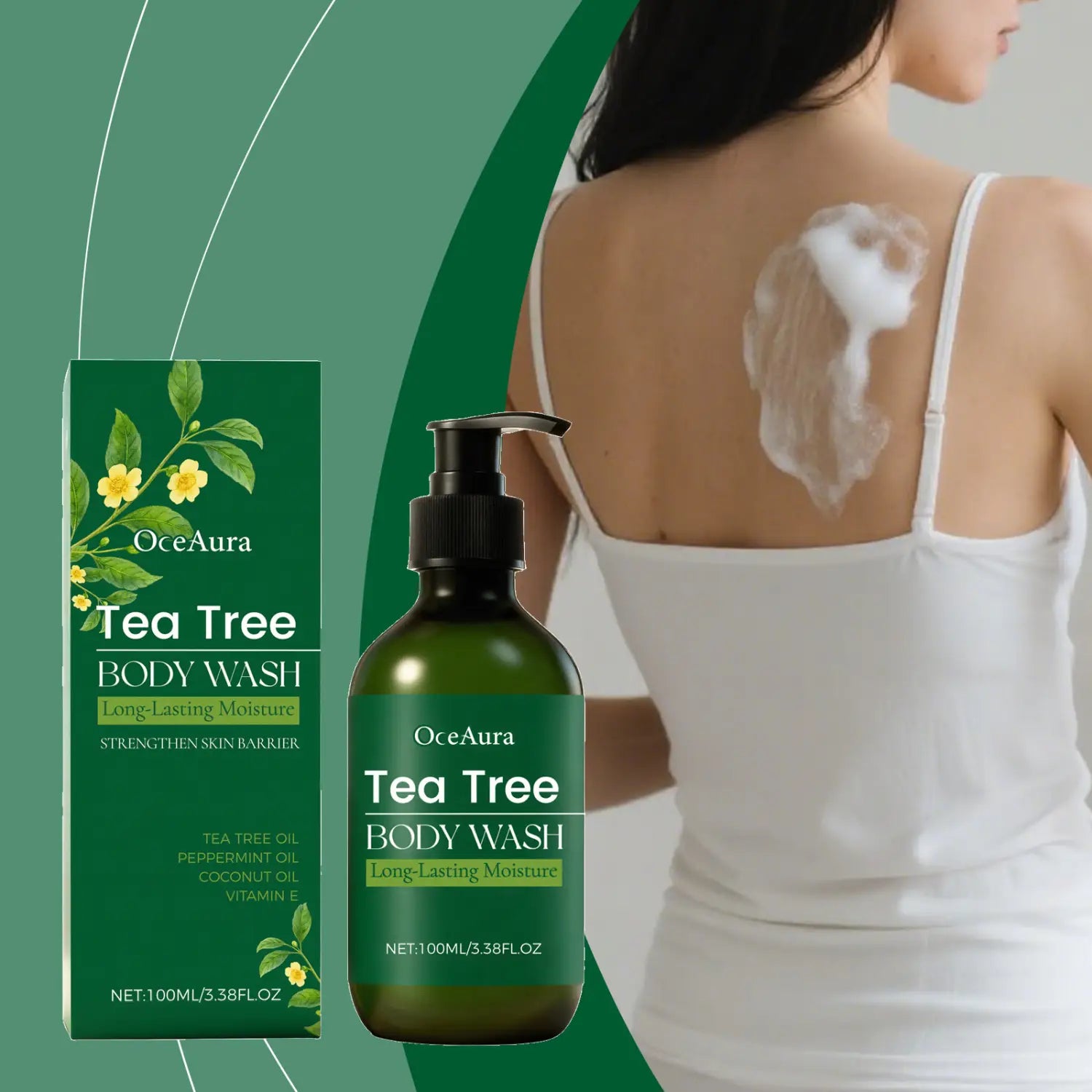 Oceaura tea tree body wash moisturizing skin cleanser in a dark green glass bottle with black pump featuring long-lasting moisture and tea tree oil key ingredients in 100ml.