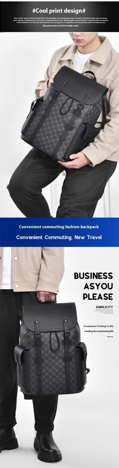 Men’s leather business travel backpack in black with a repeating geometric pattern and dual shoulder straps shown from the back side featuring a laptop sleeve.