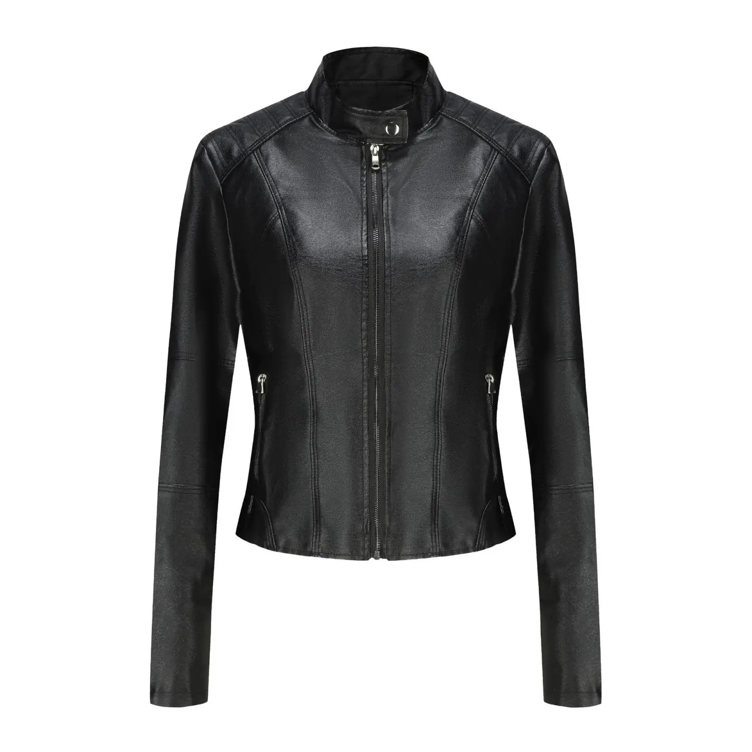 Veste motard en faux cuir noir à col montant, avec fermeture éclair frontale, vue de face