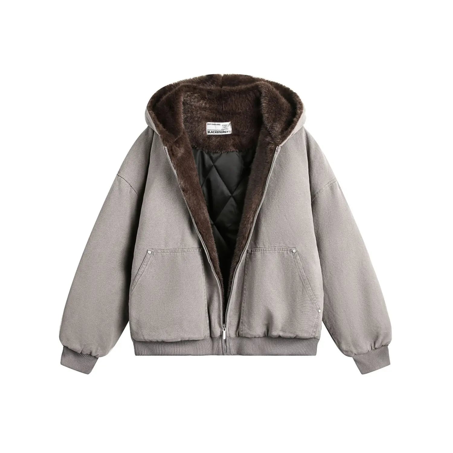 Chaqueta de invierno con capucha en color gris, con forro de piel sintética marrón y acolchado interior negro de algodón para hombre y mujer.