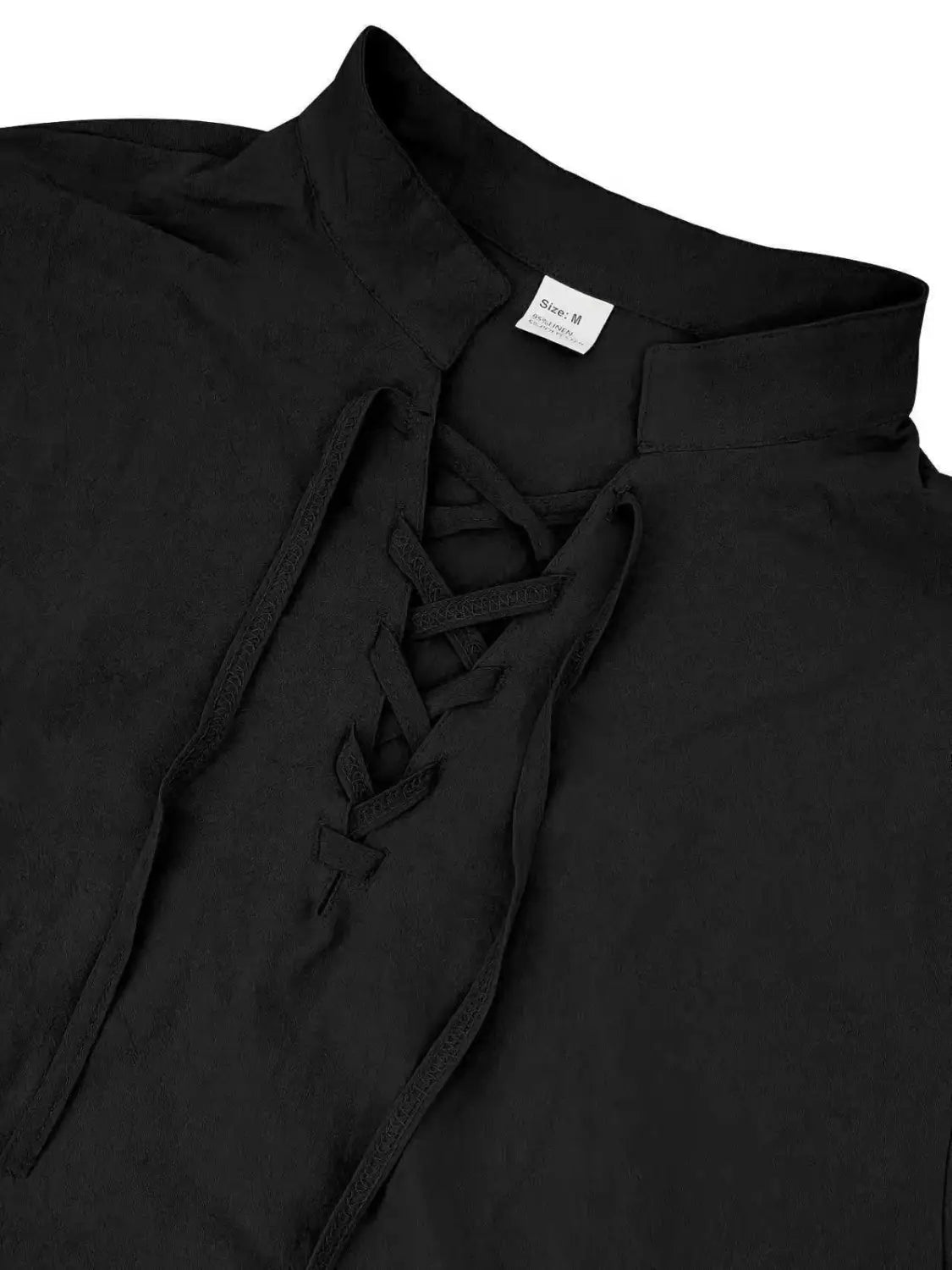 Schwarzes Baumwoll-Leinenhemd für Herren mit Kordelzug, hohem Kragen und dezenter Struktur