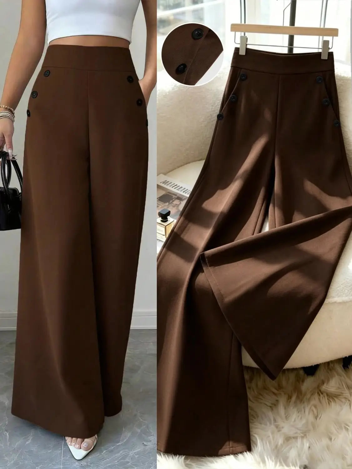 Pantalon ample taille haute marron présentant des détails de boutons noirs, adapté aux tenues formelles et décontractées