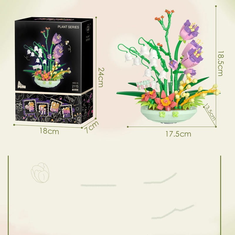 Un arrangement floral coloré composé de fleurs violettes et blanches, avec des tiges vertes, fabriqué à partir de briques en plastique s’imbriquant les unes dans les autres, présenté dans un bol d’un vert menthe clair provenant du jeu de blocs de construction pour fleurs « Bouquet floral violet ».