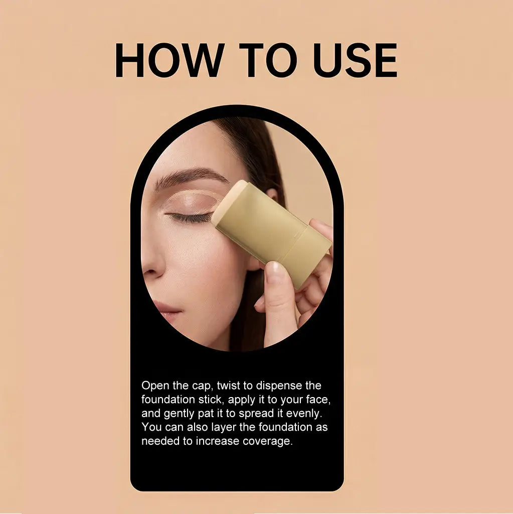 A beige cylindrical foundation stick with a smooth surface and rounded edges from Foundation Stick Zephoco natural concealing makeup.