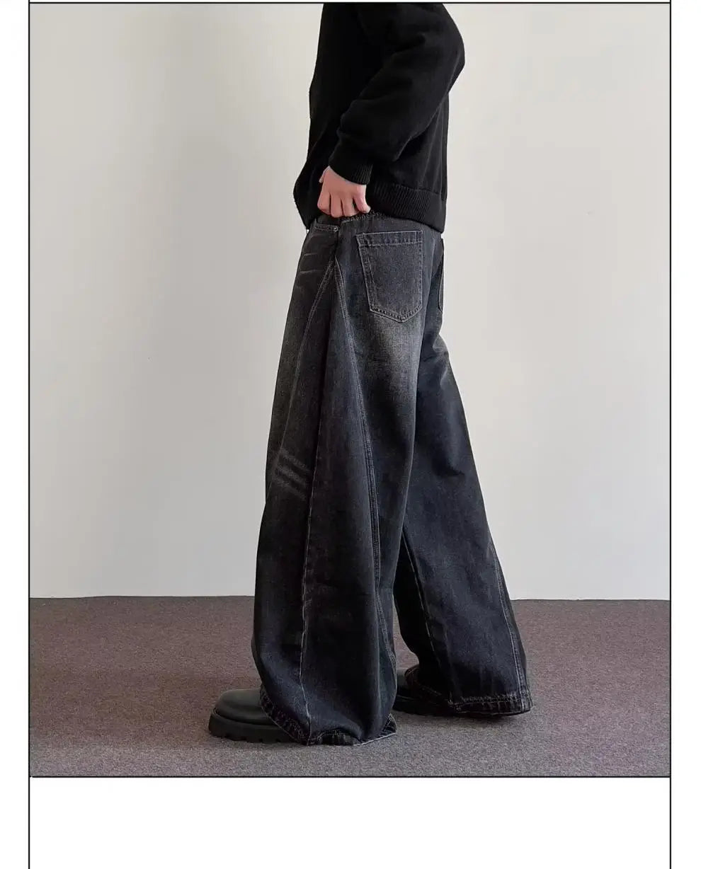 Men’s premium relaxed wide leg denim jeans in dark wash with a slightly faded finish and classic stitching details.