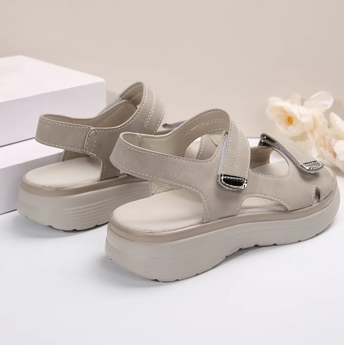 black lightweight fish mouth platform sport sandals for women with two velcro straps white stitching and chunky sole