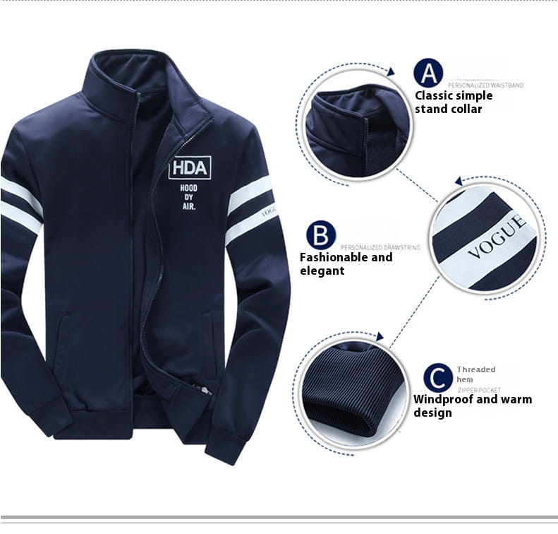 Navy blue mens track suit athletic zip sweatshirt jacket with white stripes on the sleeves and hda logo patch.