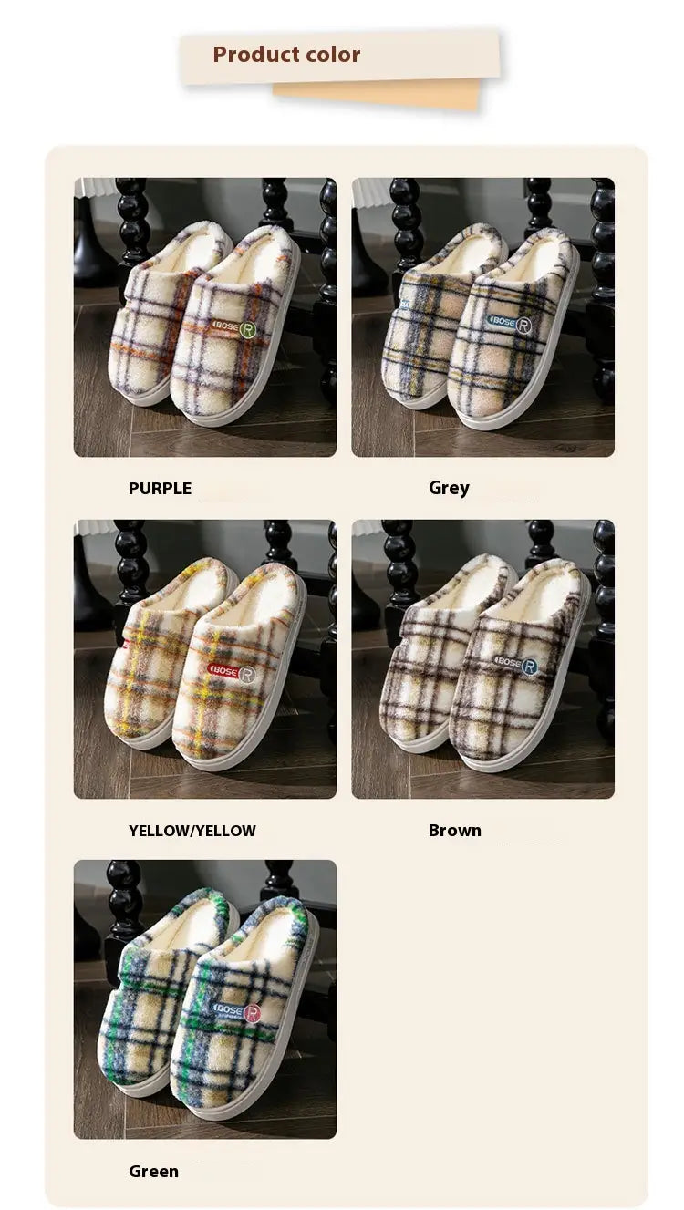 plush slip-on slippers with a soft fluffy interior and a multicolored plaid pattern featuring purple grey yellow brown and green designed as unisex fleece lined non slip indoor slippers