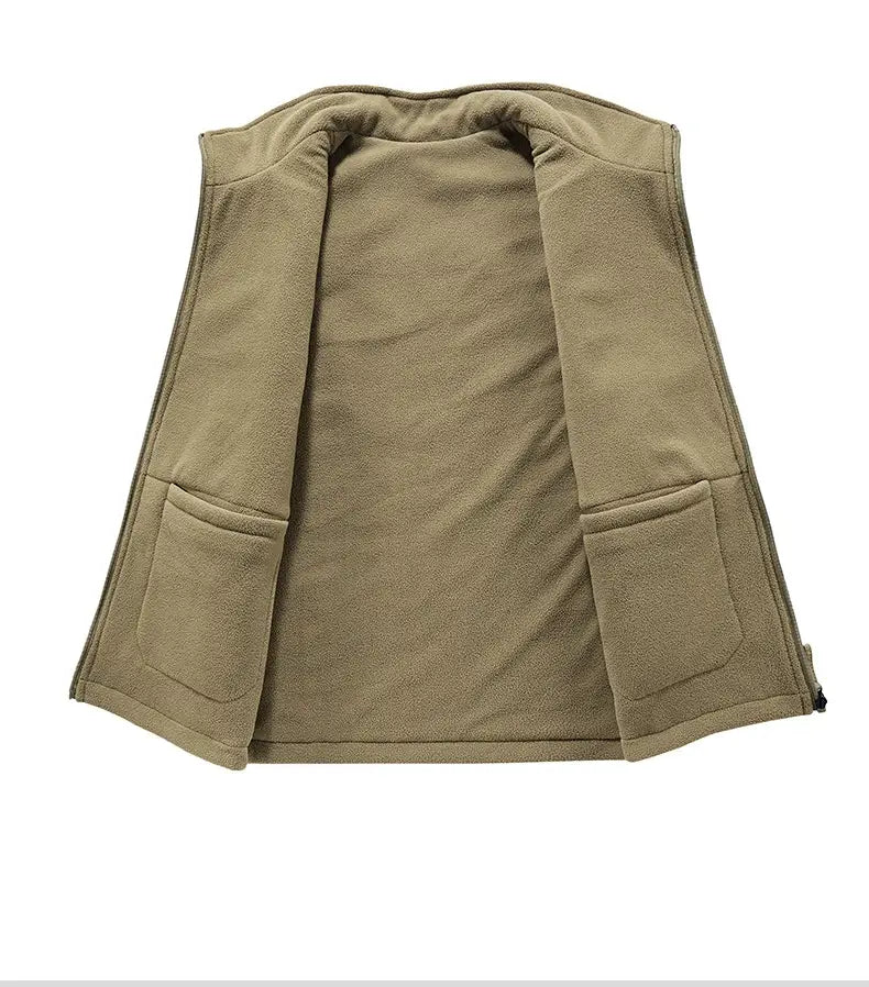 Khaki-colored men fleece cargo vest with two front pockets and zipper closure made of fleece material for outdoor outerwear use.
