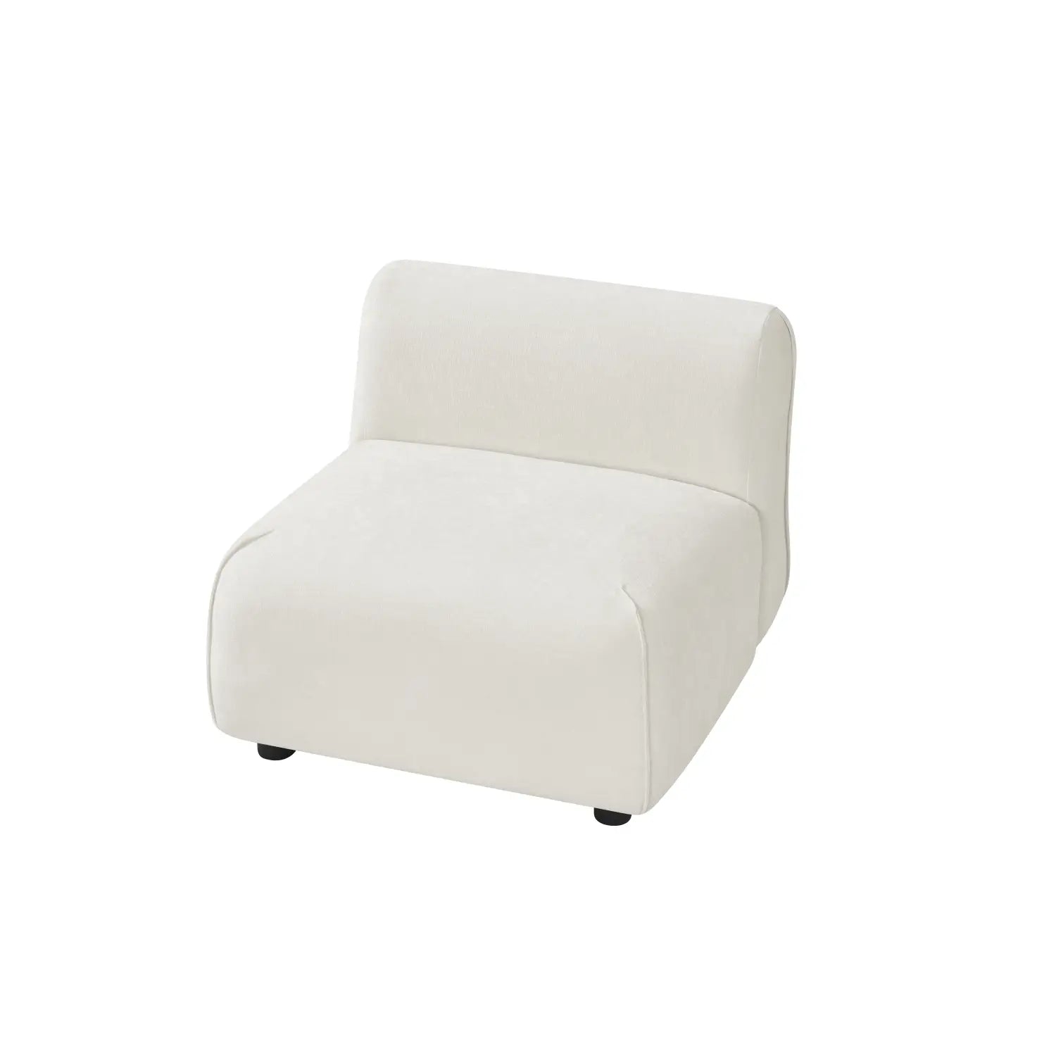 Sillón de acento moderno de líneas curvas con tapicería acolchada en color crema, con un diseño minimalista y patas negras.