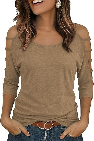 Beige off-shoulder cut-out top featuring cold-shoulder three-quarter sleeves and stylish cut-out details.