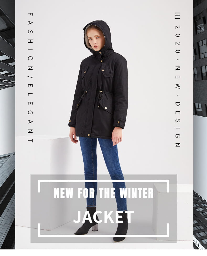parka de invierno negra con cuello de piel y capucha para mujer, con botones de tono dorado y cintura ajustable con cordón, confeccionada en material de algodón acolchado para uso en climas fríos