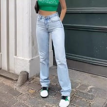 Women’s high-waisted stretch skinny jeans in light blue denim with a straight-leg cut.