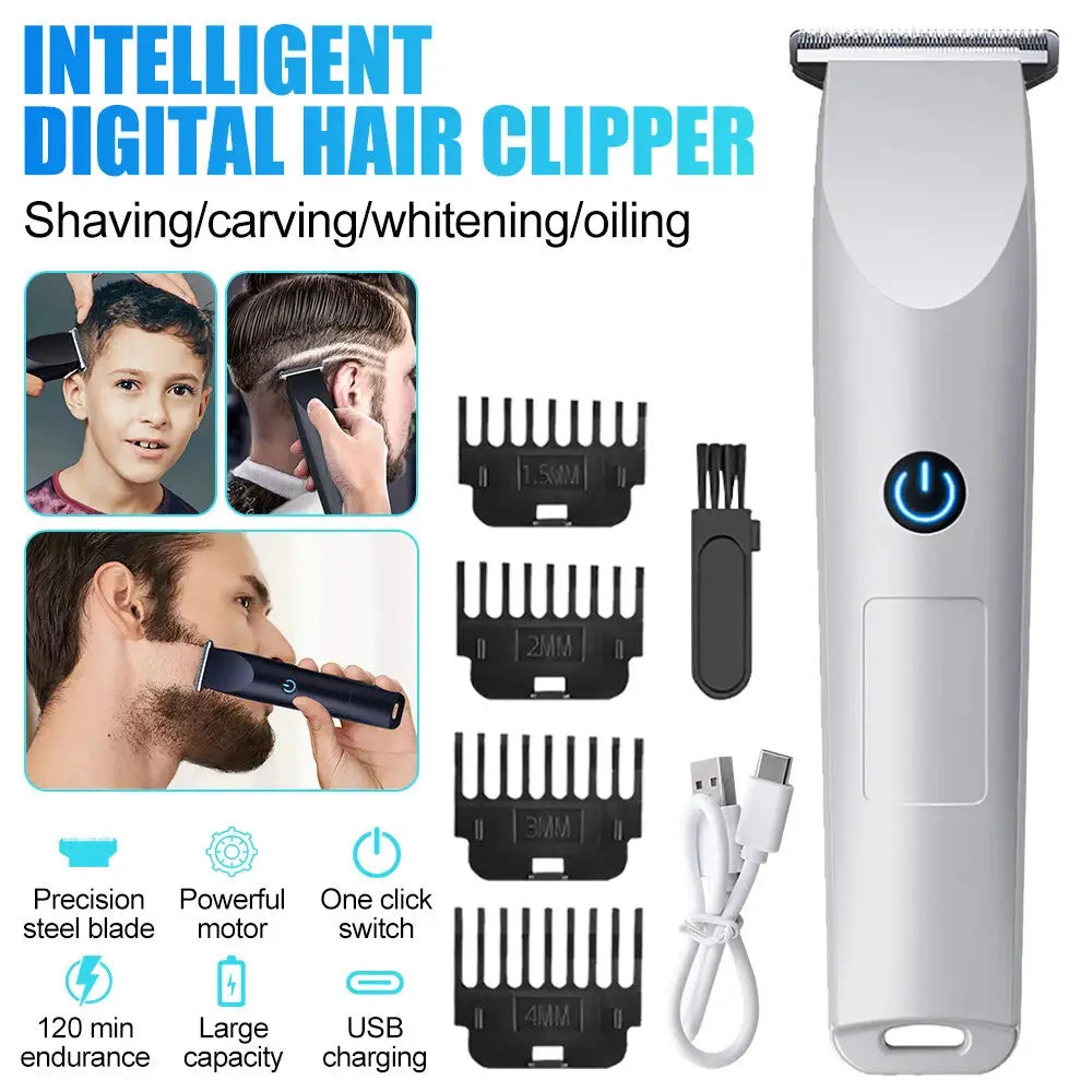 Weiße intelligente digitale kabellose Haarschneidemaschine mit blauem Einschalttaster und USB-Ladekabel für Männer, professionelles Trimmen des Bartes.