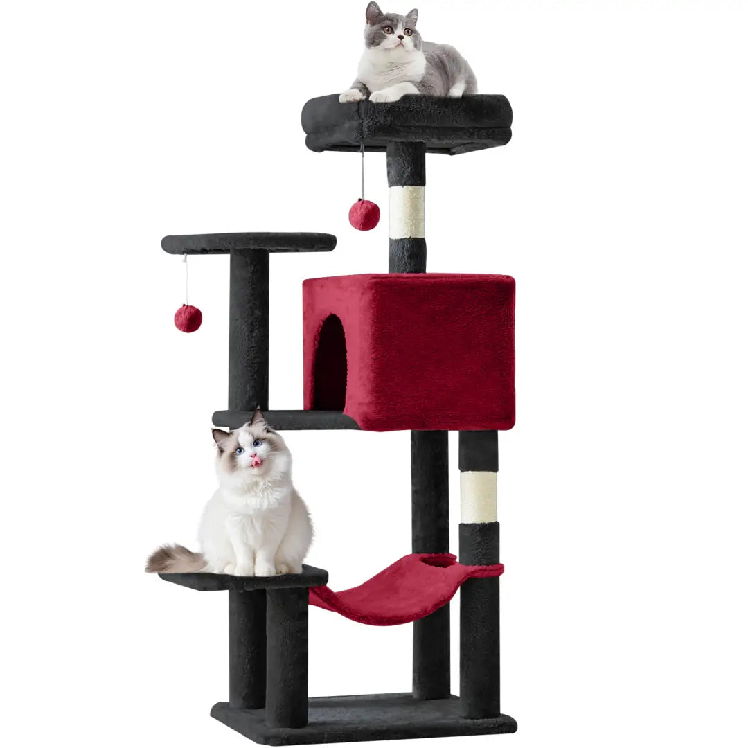 44 inch multi-level cat tree tower in black and red with plush platforms, sisal posts, hanging hammock, and dangling toys for cat climbing and playing.