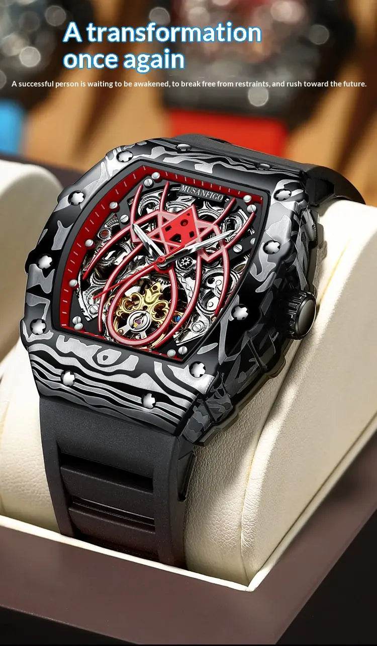Men’s barrel skeleton automatic mechanical sport watch in black and silver with red accents featuring a visible mechanical movement and diamond-like bezel details.