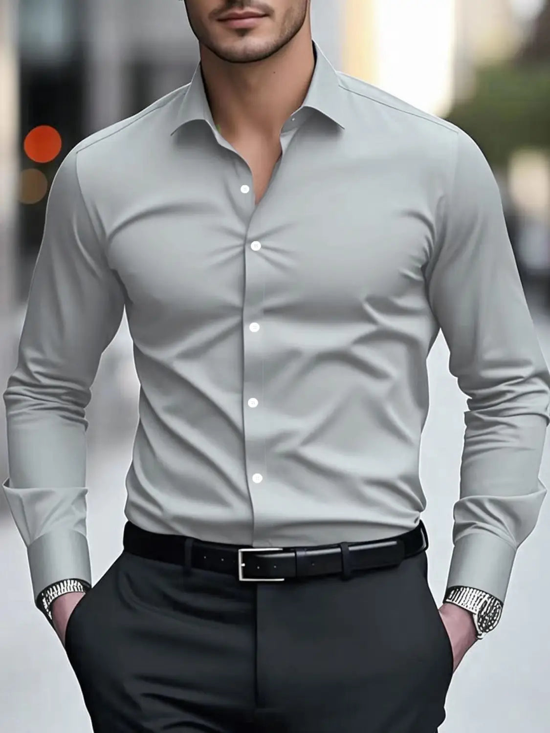 Ein Slim-Fit-Businesshemd für Herren in Hellgrau mit klarem Kragen und Knopfleiste zum Durchknöpfen für formelle Kleidung.
