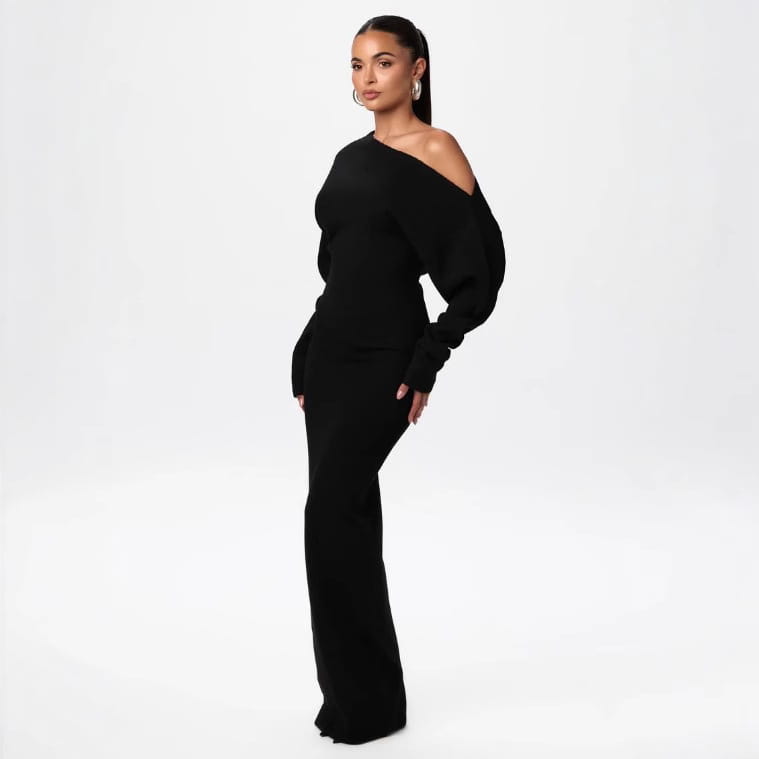 black off-the-shoulder long sleeve knitted bodycon maxi dress with flared silhouette and knit material