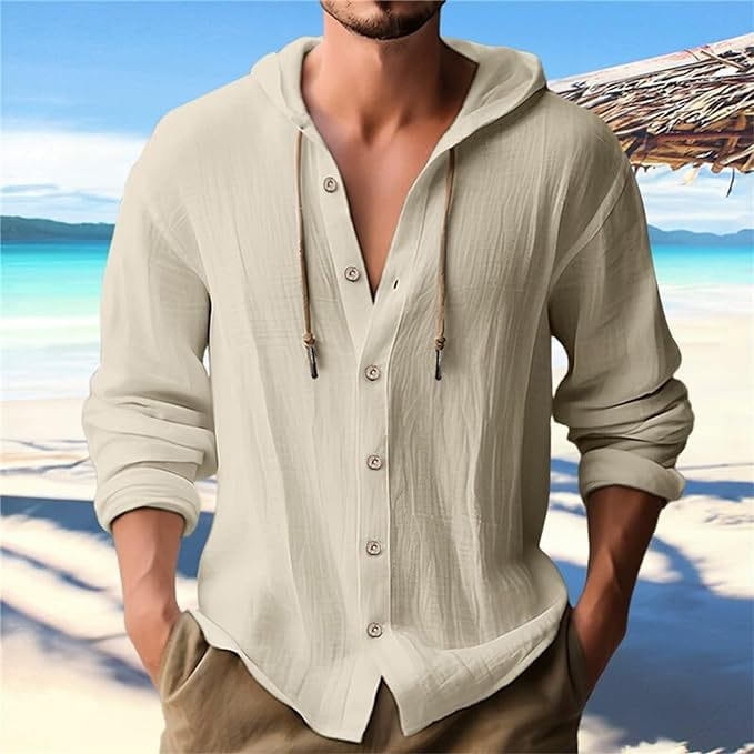 Camisa de cárdigan con capucha ligera para hombre en lino color beige, con cierre frontal mediante botones y capucha con cordón.