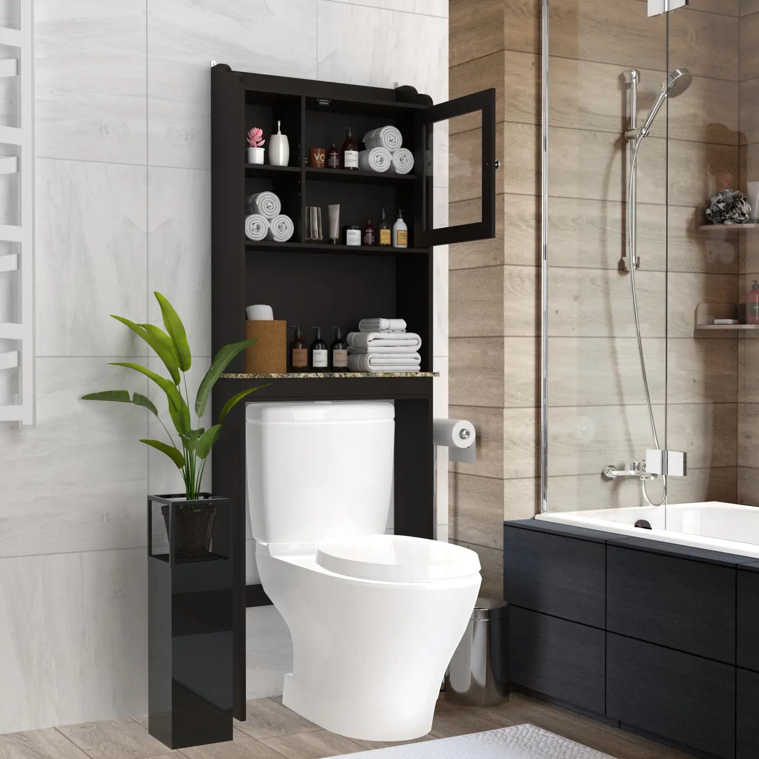 black glossy over the toilet wood storage cabinet with glass door and marble countertop for bathroom organization in espresso finish
