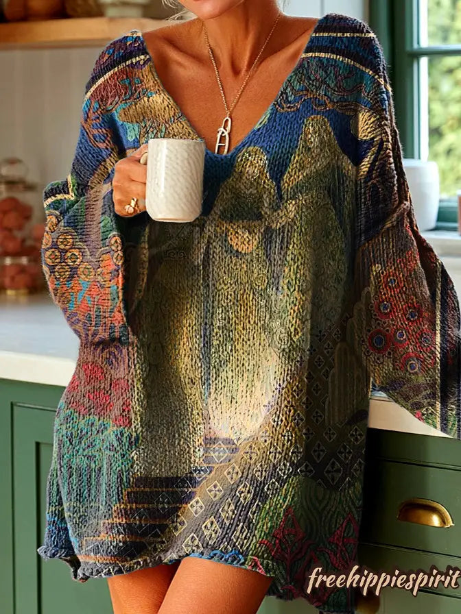 Vestido de punto vibrante de manga larga con patrón bohemio en azules, verdes y tonos terrosos, presentado como un suéter esponjoso de gato navideño bordado.