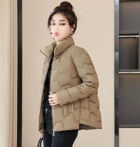 beige quilted cotton padded coat with high collar and zipper closure designed in korean style