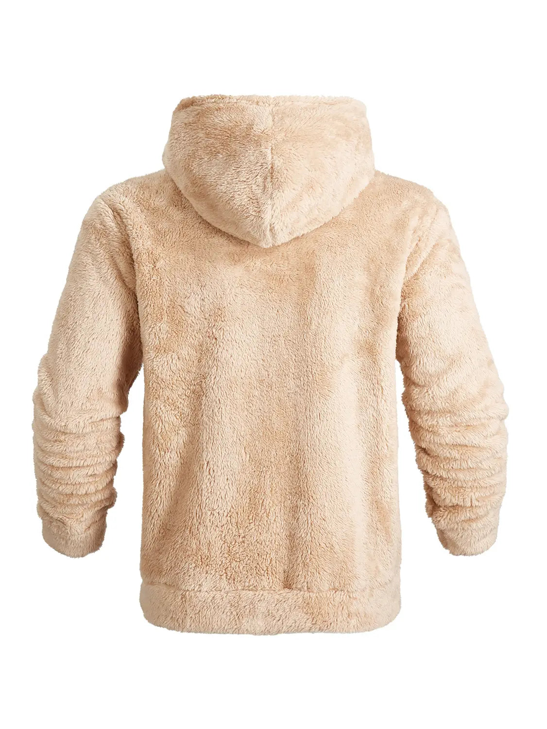 Men’s fleece lined loose zip up hooded jacket in beige plush fleece with a soft textured exterior and ribbed cuffs.