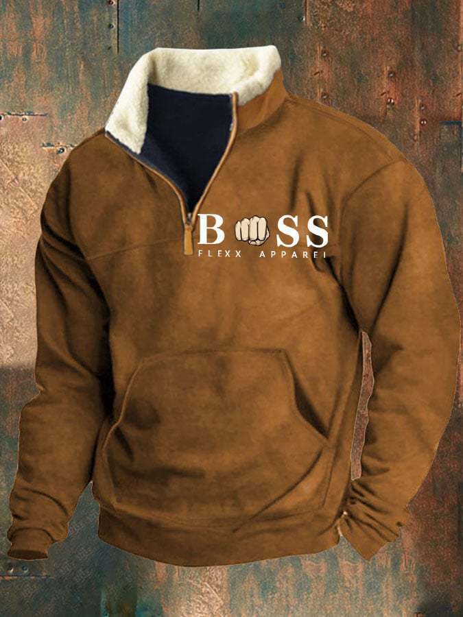 Suéter para hombre de media cremallera con cuello de borrego en ante marrón, forro de lana polar blanco y azul marino, y logotipo destacado de la marca Boss Flexx en el pecho.