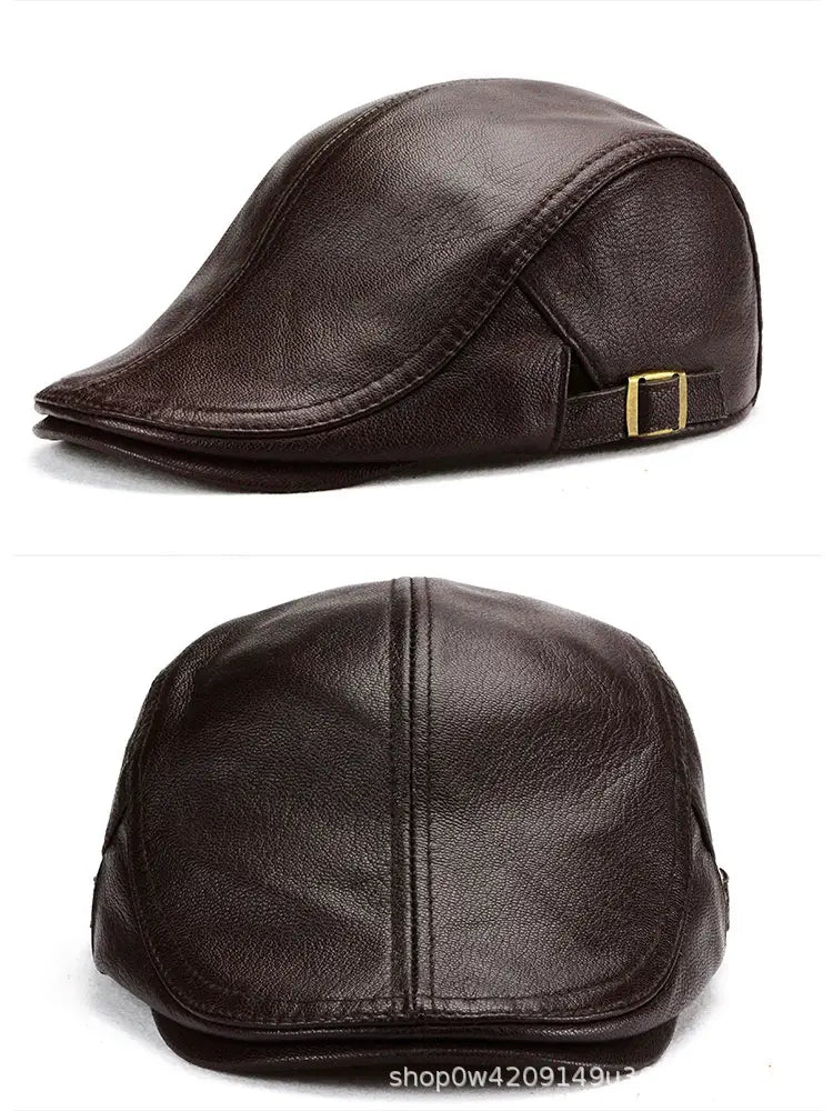 Dark brown leather flat cap for men with a gold toned buckle on the side designed as a warm winter hat.