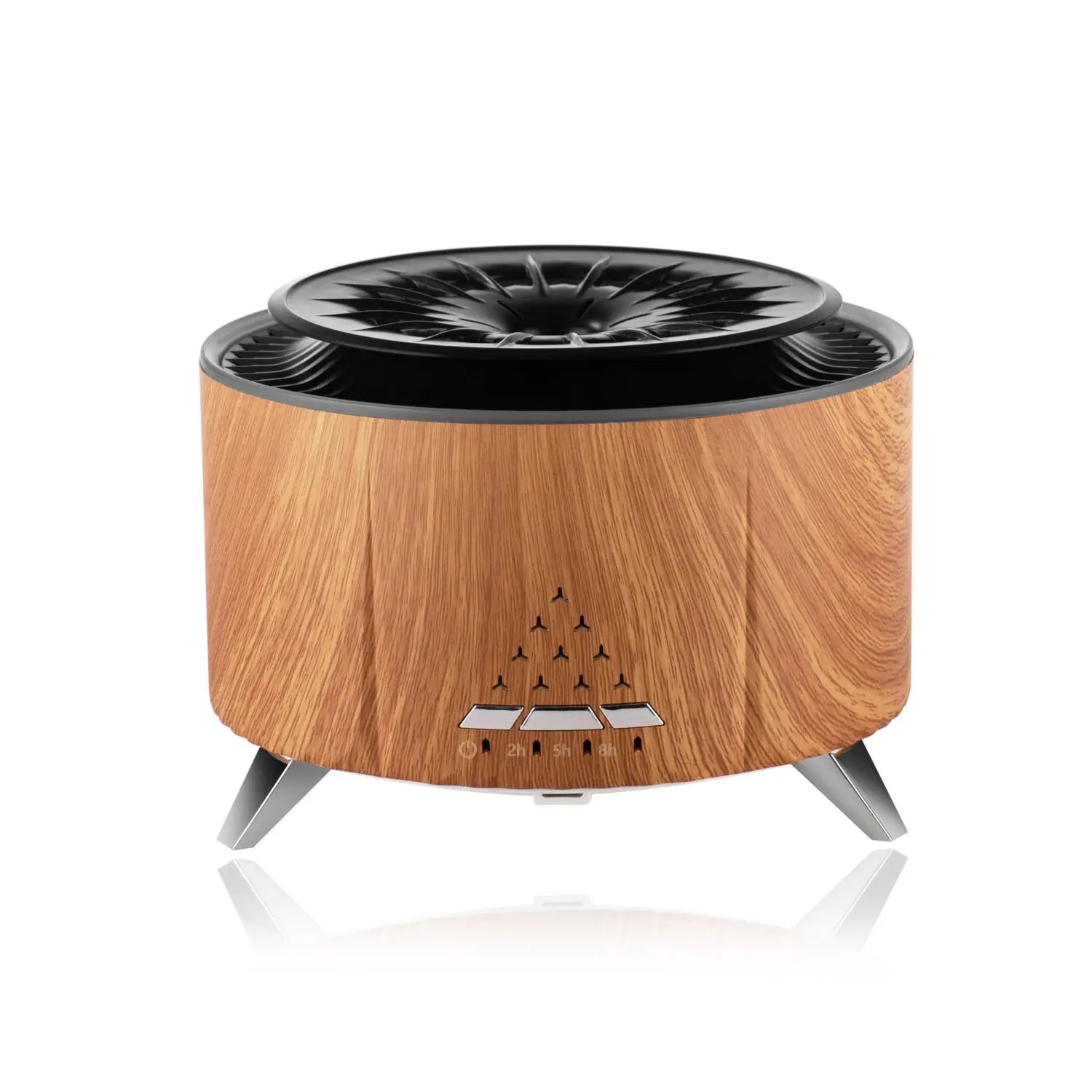 wood-grain finished cylindrical white noise flame aroma diffuser bluetooth humidifier with a black fan top and silver metallic legs.