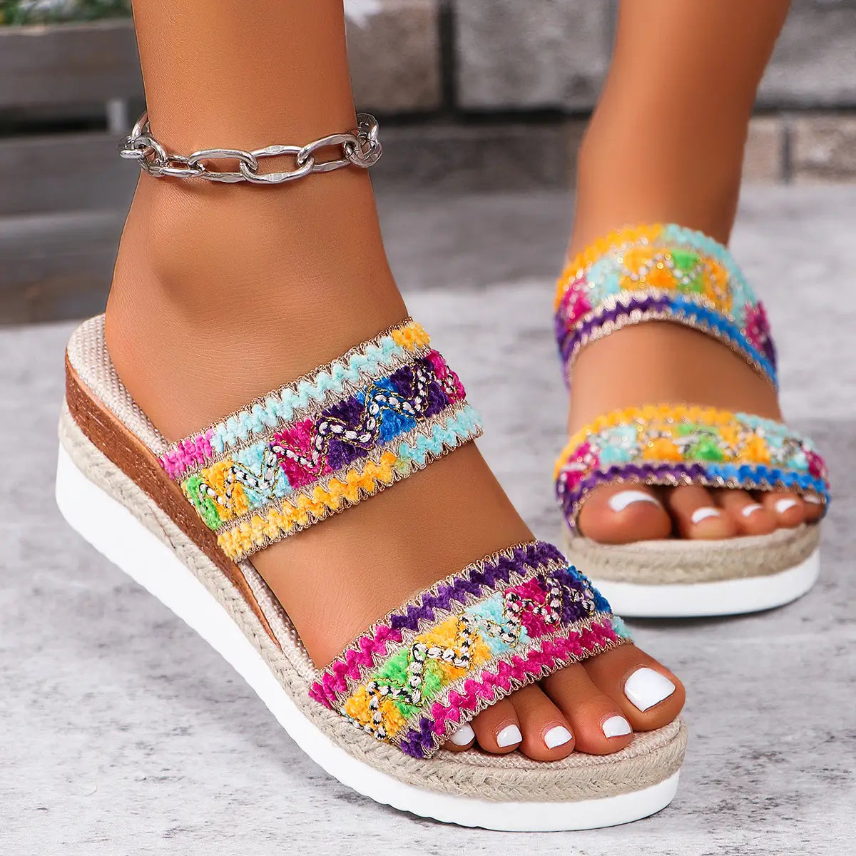 beige woven wavy pattern ethnic wedge espadrille sandals for women with gold zigzag embroidered straps