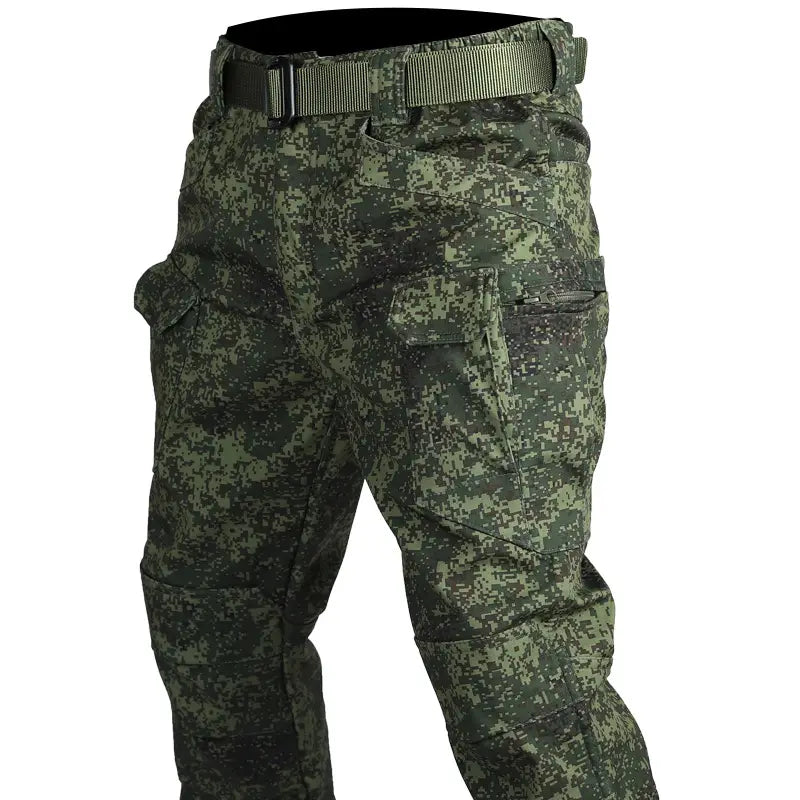 Men’s fleece-lined waterproof tactical pants in green digital camouflage with multiple cargo pockets and a matching belt.