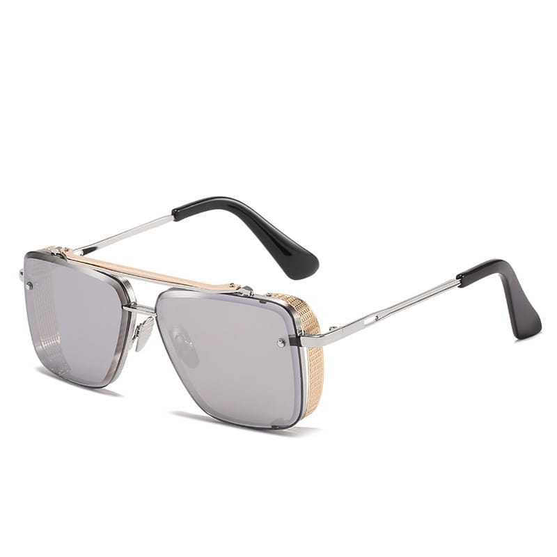 Retro metal mesh aviator sunglasses featuring silver and gold tones with mirrored uv400 lenses and textured side panels.