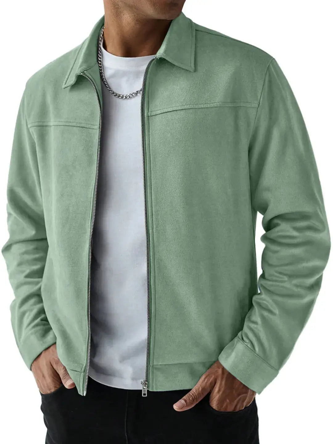 A light green suede bomber jacket for men featuring a front zipper and collar.