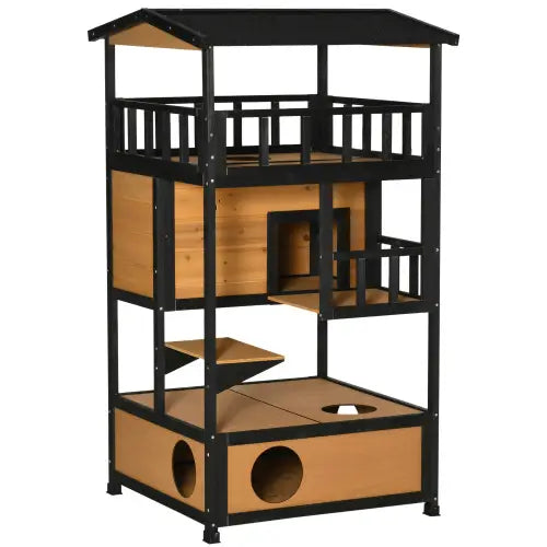 Black and light wood multi-level cat tree with house-like design featuring multiple platforms perches and enclosed sleeping areas for outdoor use.